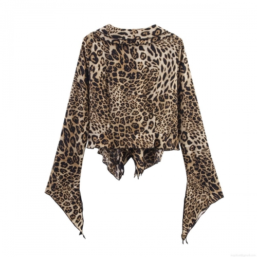 Women's Sexy Leopard Print V-Neck Ruffle Blouse Long Flare Sleeve Tie-Front Chiffon Top For Party Casual Fashion Ladies Shirt