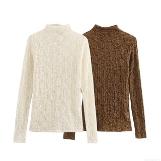 Women's Hollow Out Crochet Lace Top Long Sleeve High Neck Pullover Elegant Sweet Blouse Casual Solid Color Mesh Knitwear For Lady