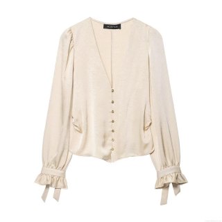 Elegant Women Satin Jacquard V-Neck Blouse Polyester Silk-Like Long Puff Sleeve Ruched Back Golden Button Shirt For Dating Office Lady Tops