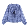 Women's Blue and White Gingham Plaid Shirt Ruffle Layered V-Neck Long Sleeve Blouse with Black Bow Tie Casual Sweet Vintage Style Office Tops