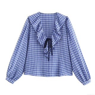 Women's Blue and White Gingham Plaid Shirt Ruffle Layered V-Neck Long Sleeve Blouse with Black Bow Tie Casual Sweet Vintage Style Office Tops