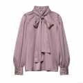 Women's Elegant Satin Pussy-Bow Blouse Long Sleeve Puff Sleeve Solid Color Office Work Shirt Top With Decorative Gold Buttons