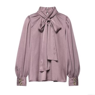 Women's Elegant Satin Pussy-Bow Blouse Long Sleeve Puff Sleeve Solid Color Office Work Shirt Top With Decorative Gold Buttons