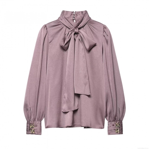 Women's Elegant Satin Pussy-Bow Blouse Long Sleeve Puff Sleeve Solid Color Office Work Shirt Top With Decorative Gold Buttons
