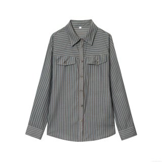 Women's Striped Long Sleeve Button Up Shirt Polyester Cotton Blend Poplin Blouse With Double Pockets Casual Lapel Fashion Tops For Daily Office Streetwear