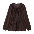 Women's Elegant Ruffle Chiffon Blouse Long Sleeve Bow-Tie Neck Solid Color Pleated Top Fashion Casual Flowy Shirt For Office Daily Wear