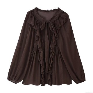 Women's Elegant Ruffle Chiffon Blouse Long Sleeve Bow-Tie Neck Solid Color Pleated Top Fashion Casual Flowy Shirt For Office Daily Wear