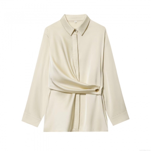 Women's Long Sleeve Satin Shirt Elegant Side Twist Gold Button Blouse Glossy Silk-like Polyester Office Daily Casual Chic Solid Color Fashionable Tops for Women