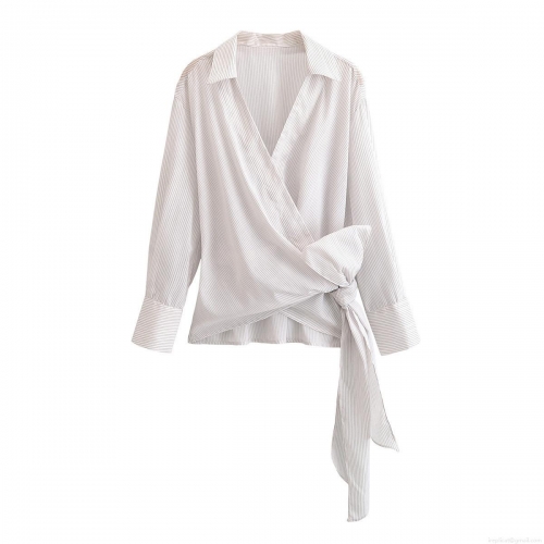Women Vertical Striped Wrap Blouse 100% Polyester Long Sleeve Lapel V Neck Tie Waist Bow Shirt Slim Fit Casual Fashion Tops For Lady Autumn Spring
