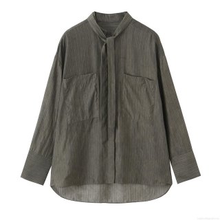 Women's Striped Long Sleeve Shirt Elegant Tie Neck Blouse With Dual Pockets Casual Button Up Top For Office Daily Commute Lady Polyester Clothing