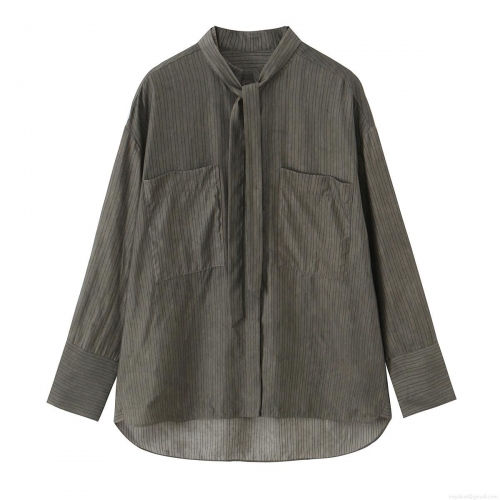 Women's Striped Long Sleeve Shirt Elegant Tie Neck Blouse With Dual Pockets Casual Button Up Top For Office Daily Commute Lady Polyester Clothing