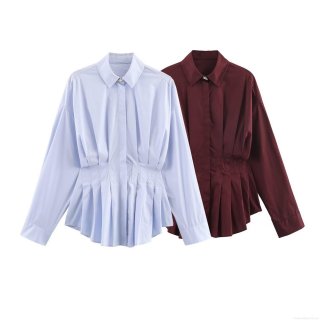 Women's Solid Color Pleated Waist Poplin Blouse Elegant Long Sleeve Button Down Shirt Slim Fit Office Lady Commuter Tops