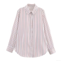 Women's Casual Striped Long Sleeve Poplin Shirt Loose Button Down Blouse Top With Turn-Down Collar And Curved Hem For Spring Fall
