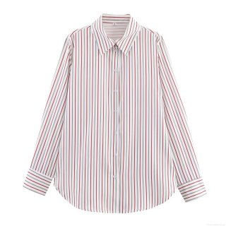 Women's Casual Striped Long Sleeve Poplin Shirt Loose Button Down Blouse Top With Turn-Down Collar And Curved Hem For Spring Fall