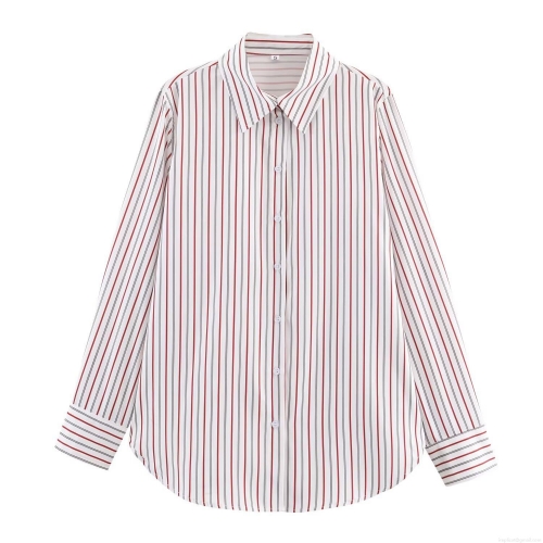 Women's Casual Striped Long Sleeve Poplin Shirt Loose Button Down Blouse Top With Turn-Down Collar And Curved Hem For Spring Fall