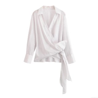 Women's Fashion Striped Wrap Blouse 100% Polyester Long Sleeve V-Neck Shirt With Side Waist Tie Bow Office Lady Work Tops