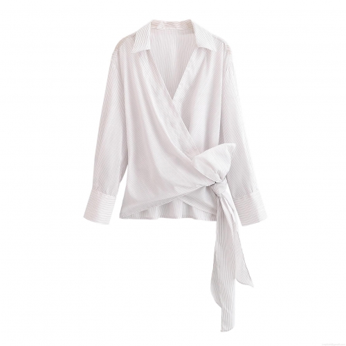 Women's Fashion Striped Wrap Blouse 100% Polyester Long Sleeve V-Neck Shirt With Side Waist Tie Bow Office Lady Work Tops