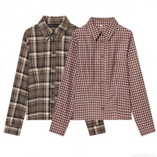 Women's Plaid Button Down Shirt Long Sleeve Lapel Blouse Retro Casual Socialite Style Autumn Winter Fashionable Slim Fitting Office Commute Polyester Tops