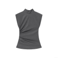 Elegant Women's Mock Neck Sleeveless Blouse With Shoulder Pads Ruching Side Slim Fit TR Twill Solid Color Grey Top For Work Office Party Chic Shirt