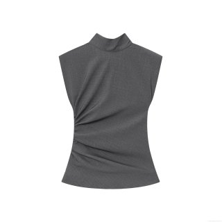 Elegant Women's Mock Neck Sleeveless Blouse With Shoulder Pads Ruching Side Slim Fit TR Twill Solid Color Grey Top For Work Office Party Chic Shirt