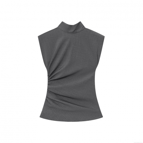 Elegant Women's Mock Neck Sleeveless Blouse With Shoulder Pads Ruching Side Slim Fit TR Twill Solid Color Grey Top For Work Office Party Chic Shirt