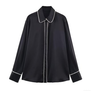 Women's Satin Silk Texture Contrast Piping Long Sleeve Shirt Elegant Loose Button Down Blouse Office Lady Casual Tops With Contrast Trim