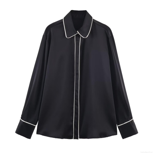 Women's Satin Silk Texture Contrast Piping Long Sleeve Shirt Elegant Loose Button Down Blouse Office Lady Casual Tops With Contrast Trim