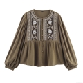 Women's Bohemian Vintage Floral Embroidery Blouse Cotton Blend Long Sleeve Round Neck Single Breasted Casual Shirt Olive Green Tops