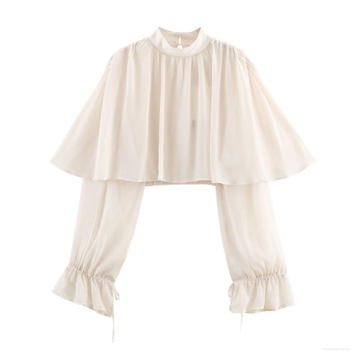 Women's Elegant Chiffon Blouse Ruffle Cape Design Half High Neck Long Lantern Sleeve Solid Color Pleated Top For Office Casual Wear