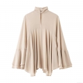 Women High Neck Layered Ruffle Top Elegant Cape Style 100% Polyester Woven Long Sleeve Blouse Casual European Streetwear Solid Champagne Shirt