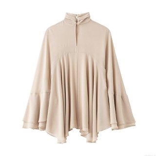 Women High Neck Layered Ruffle Top Elegant Cape Style 100% Polyester Woven Long Sleeve Blouse Casual European Streetwear Solid Champagne Shirt