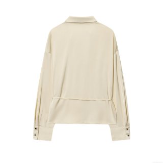 Women's Elegant Satin Blouse Long Sleeve V-Neck Shirt With Drawstring Waist Belt Solid Color Office Daily Casual Tops For Women