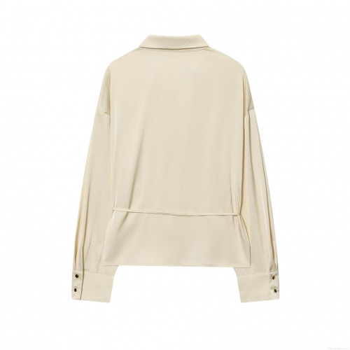 Women's Elegant Satin Blouse Long Sleeve V-Neck Shirt With Drawstring Waist Belt Solid Color Office Daily Casual Tops For Women