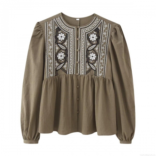 Women Bohemian Long Sleeve Embroidered Blouse Round Neck Puff Sleeve Casual Shirt Olive Green Boho Ethnic Top Socialite Style For Daily Travel Ladies Clothing