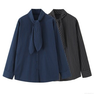 Women Elegant Plaid Long Sleeve Shirt With Bow Tie Neck Casual Blouse Polyester Cotton Blend Button Down Tops For Office Daily Wear