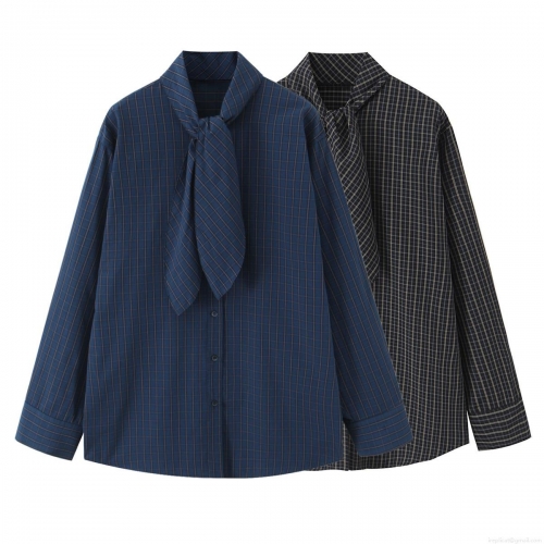 Women Elegant Plaid Long Sleeve Shirt With Bow Tie Neck Casual Blouse Polyester Cotton Blend Button Down Tops For Office Daily Wear