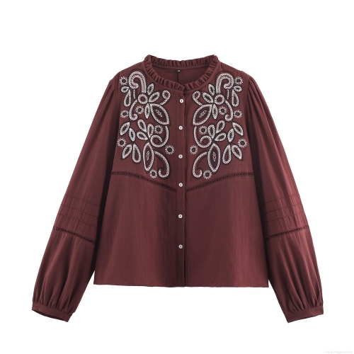 Women Retro Wine Red Long Sleeve Cotton Blend Embroidered Blouse Shirt with Lotus Leaf Collar and Lantern Sleeves for Casual Vacation Boho Style