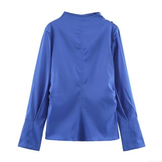 Women's Elegant Solid Color Pleated Blouse Fashionable Round Neck Long Sleeve Pullover Shirt Satin Finish Office Lady Casual Top For Autumn Spring