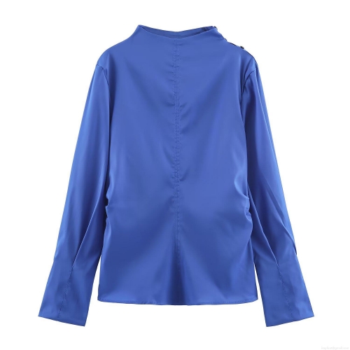 Women's Elegant Solid Color Pleated Blouse Fashionable Round Neck Long Sleeve Pullover Shirt Satin Finish Office Lady Casual Top For Autumn Spring