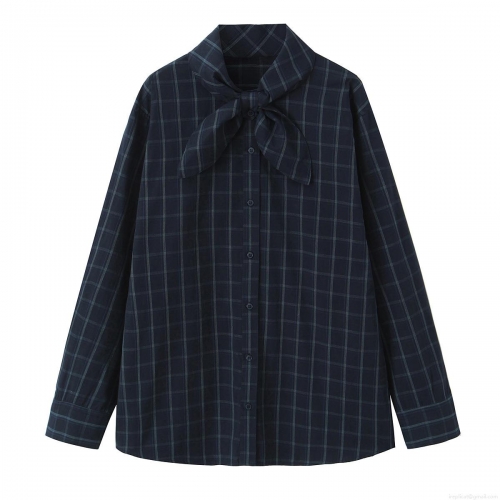 Women's Retro Plaid Poplin Blouse Long Sleeve Button Down Shirt With Bow Tie Neck Elegant Office Lady Commuter Tops Navy Blue