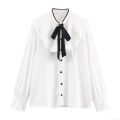 Women's Elegant Polyester Blouse Shirt Contrast Bow Tie Ruffle Trim Long Sleeve Single Breasted Casual Office Daily Tops For Women Ladies
