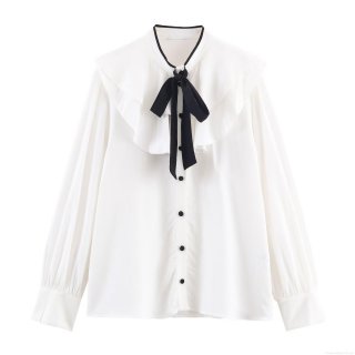 Women's Elegant Polyester Blouse Shirt Contrast Bow Tie Ruffle Trim Long Sleeve Single Breasted Casual Office Daily Tops For Women Ladies