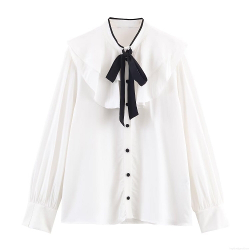 Women's Elegant Polyester Blouse Shirt Contrast Bow Tie Ruffle Trim Long Sleeve Single Breasted Casual Office Daily Tops For Women Ladies