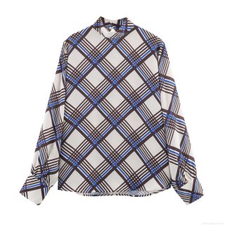 Women's Casual Plaid Blouse Mock Neck Long Sleeve Polyester Chiffon Shirt For Office Daily Wear Fashion Elegant Ladies Top