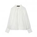 Women French Style Stand Collar Tie Neck Blouse Elegant Lantern Long Sleeve Pleated Shirt Solid White Polyester Tops For Daily Commute