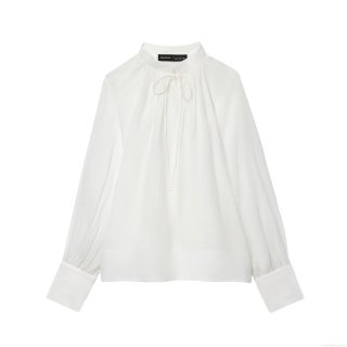Women French Style Stand Collar Tie Neck Blouse Elegant Lantern Long Sleeve Pleated Shirt Solid White Polyester Tops For Daily Commute