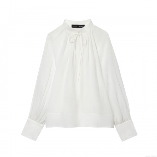 Women French Style Stand Collar Tie Neck Blouse Elegant Lantern Long Sleeve Pleated Shirt Solid White Polyester Tops For Daily Commute