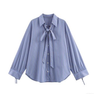 Women's Striped Bow Tie Neck Long Sleeve Shirt Blouse Casual Loose Button Down Woven Polyester Top For Office Work Fashion Elegant
