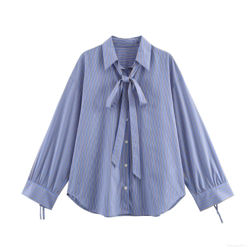 Women's Striped Bow Tie Neck Long Sleeve Shirt Blouse Casual Loose Button Down Woven Polyester Top For Office Work Fashion Elegant