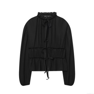 Elegant Women's Black Chiffon Blouse Ruffle Stand Collar Bow Tie Smocked Waist Long Lantern Sleeve Shirt Sweet Solid Color Top For Date Party